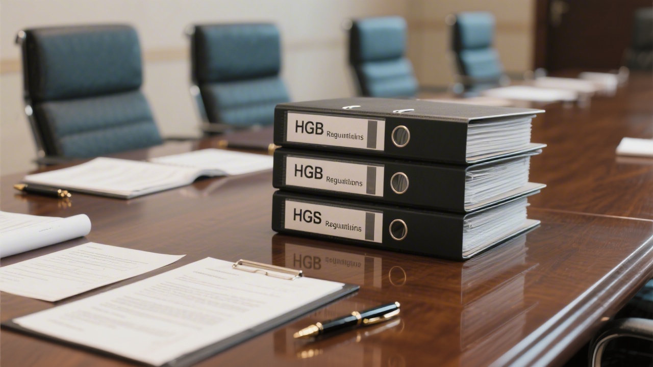 Stack of indexed binders labeled HGB and IFRS regulations on a polished boardroom table with legal notes and fountain pen prepared for audit review meeting.