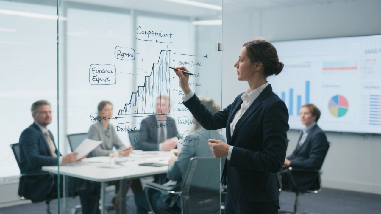 Consultant sketching corporate equity structure and debt waterfall on transparent glass board while colleagues review performance metrics in background meeting space.
