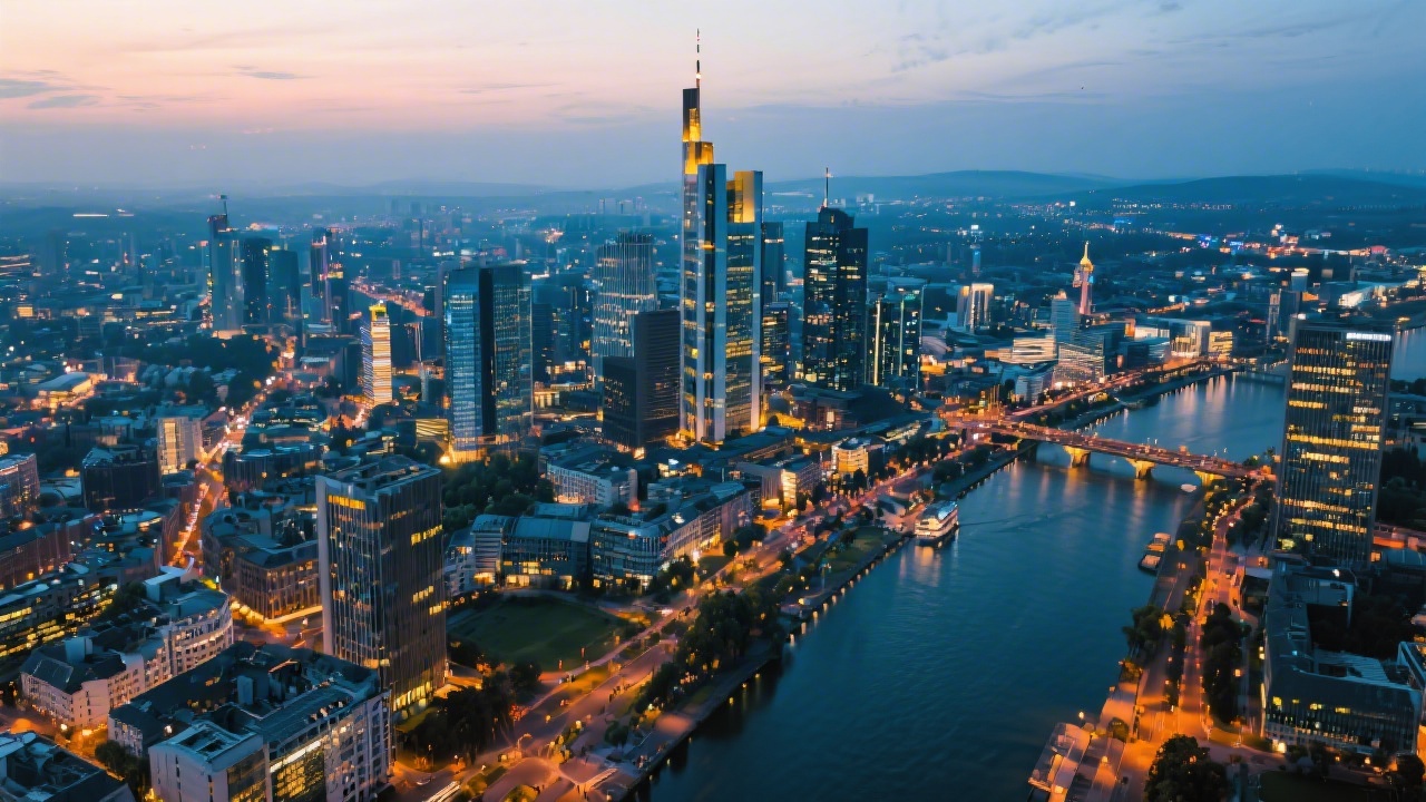 Aerial view of Frankfurt financial district at dusk showing Main Tower, Eurotower, and illuminated riverfront representing the company’s operating environment.