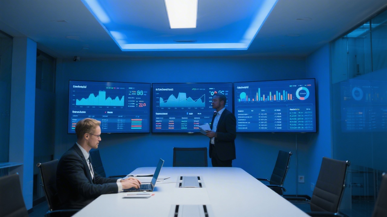 Finance professional examining consolidated balance sheet dashboards on multiple screens with blue corporate lighting inside a modern Frankfurt office conference room environment.