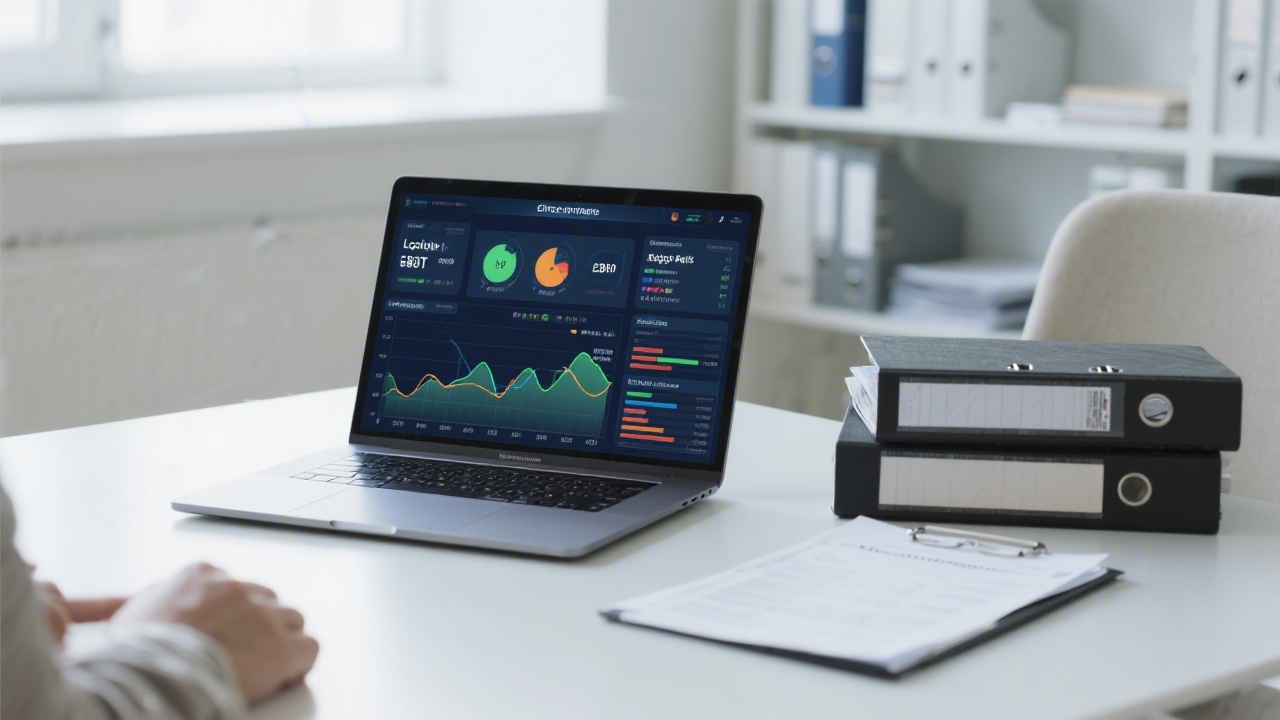 Detailed financial analytics dashboard showing liquidity ratios, EBIT projections, and trend lines on a laptop beside printed compliance binders in a bright consultation room.