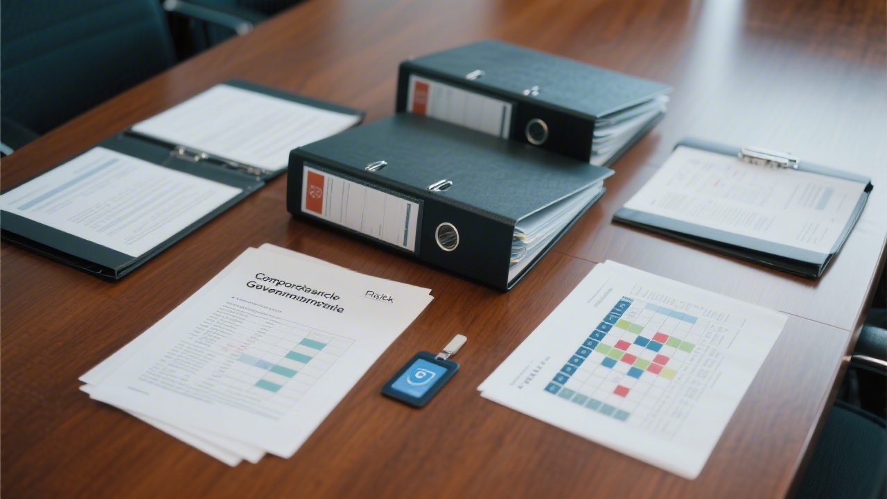 Corporate governance documentation neatly organized with risk matrices, policy binders, and secure digital access card placed on meeting table.