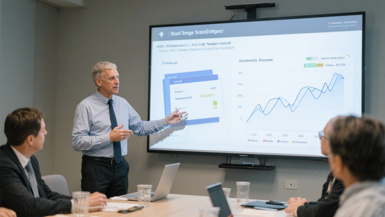 Senior consultant presenting structured reporting package with variance analysis charts projected onto large display during client workshop.